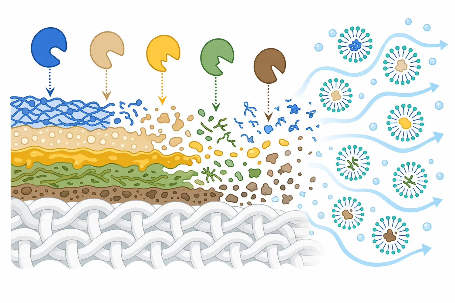 Multi-enzyme detergent systems attack different layers of mixed stains, making the overall soil matrix more accessible to removal.
