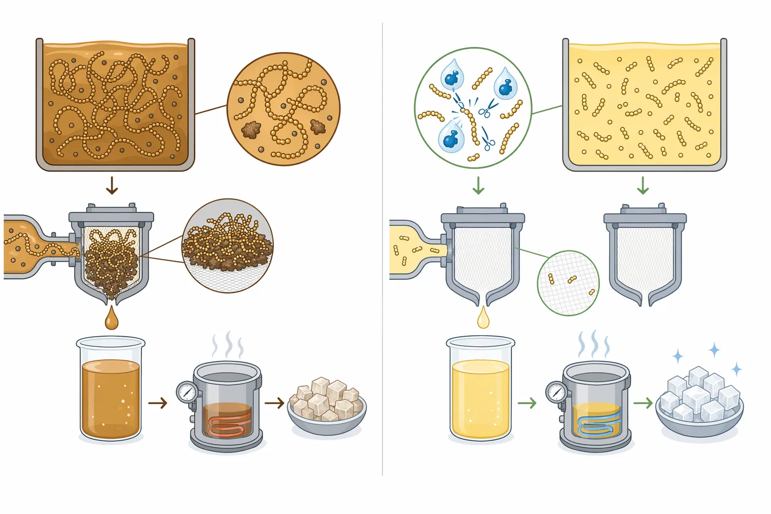 Dextranase, amylase, pectinase, and cellulase target different polysaccharide substrates, so dextranase is specifically relevant when dextran is the process problem.