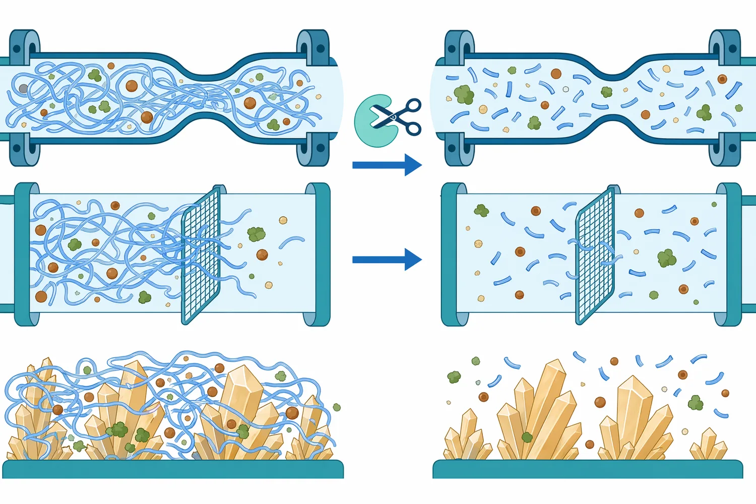 High-molecular-weight dextran disrupts sugar processing mainly through polymer entanglement, viscosity increase, filtration resistance, and crystal-surface interference.