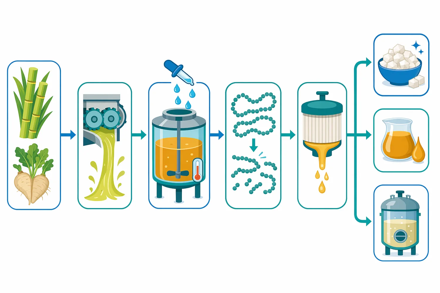 Dextranase can support sugar operations from early juice handling through clarification, filtration, evaporation-related syrup movement, and crystallization when dextran is present.