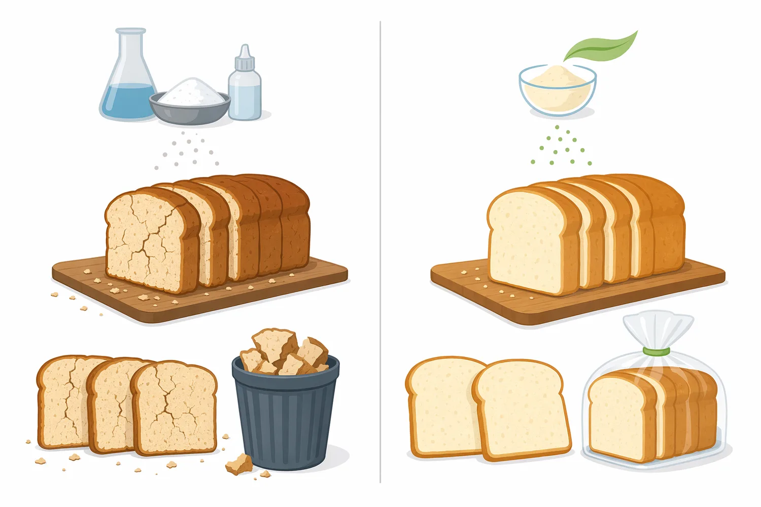 Bakery enzymes differ by substrate, with maltogenic amylase targeting starch retrogradation while xylanases, lipases, proteases, and conventional amylases affect other dough or crumb functions.