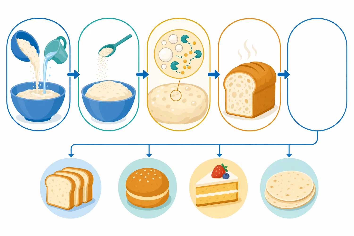 The enzyme is most useful as starch hydrates and gelatinizes during baking, then its starch-chain modifications influence crumb texture during cooling and storage.