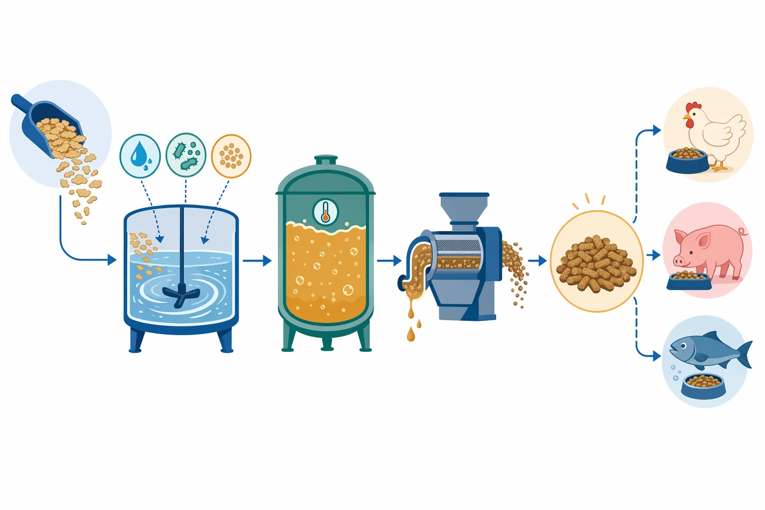 Alkaline protease functions as one processing aid within hydrated soybean meal conditioning, fermentation, drying, and finished feed-ingredient handling.