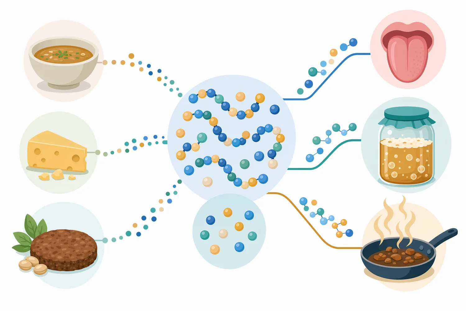 Free amino acids and short peptides influence taste directly and can also serve as precursors for fermentation and heat-generated aroma compounds.
