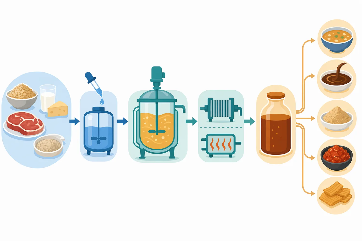 A practical aminopeptidase process typically involves hydration and substrate preparation, primary proteolysis or fermentation, peptide-end trimming, endpoint control, and heat stabilization or downstream processing.