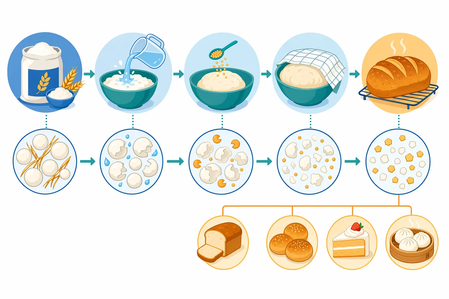 The enzyme’s effects progress from starch hydration during mixing to sugar release during proofing, limited action during early baking, and residual crumb-softening effects after cooling.