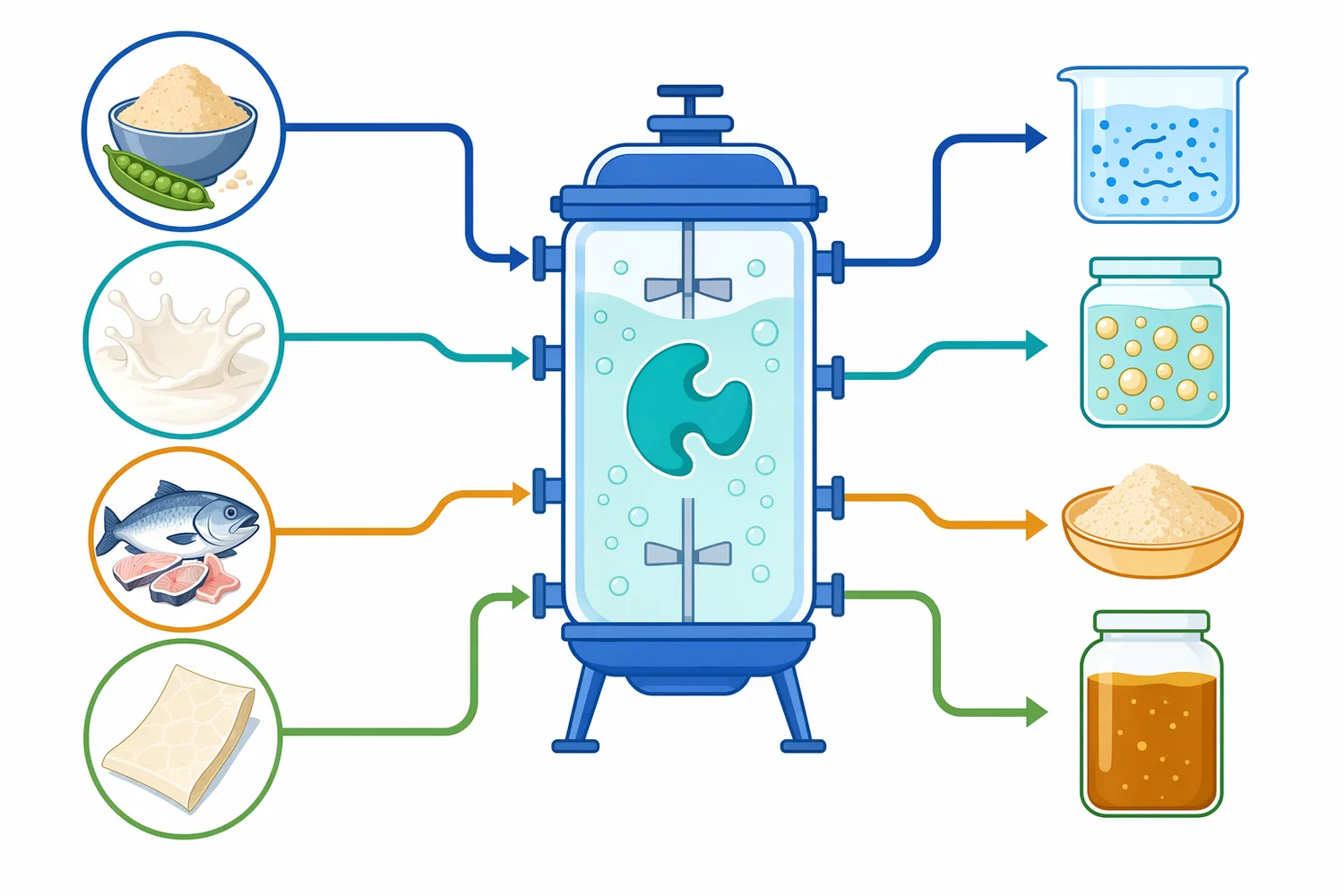 Different protein sources can pass through a common enzymatic hydrolysis concept while producing hydrolysates suited to different ingredient formats.