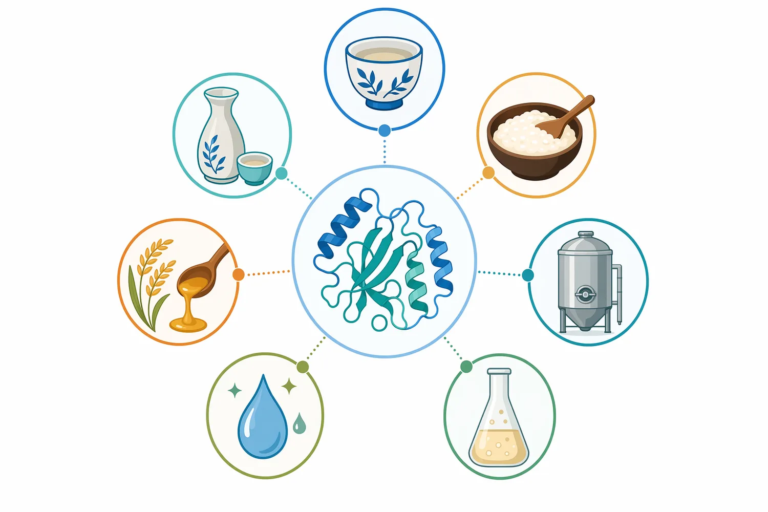 Food-grade alpha-amylase can support cooked rice mash liquefaction, broken-rice pretreatment, traditional starters, defined starter systems, and related rice-based fermentations.