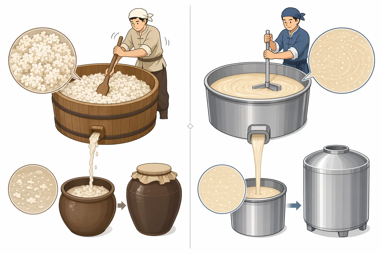 Alpha-amylase, glucoamylase, debranching enzymes, and natural starter enzymes perform different starch-conversion roles in rice wine processing.