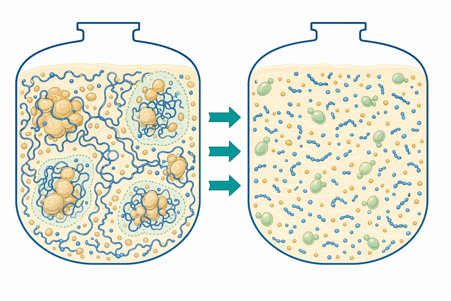 Liquefaction reduces thick rice paste structure and helps create a more uniform substrate for downstream fermentation.