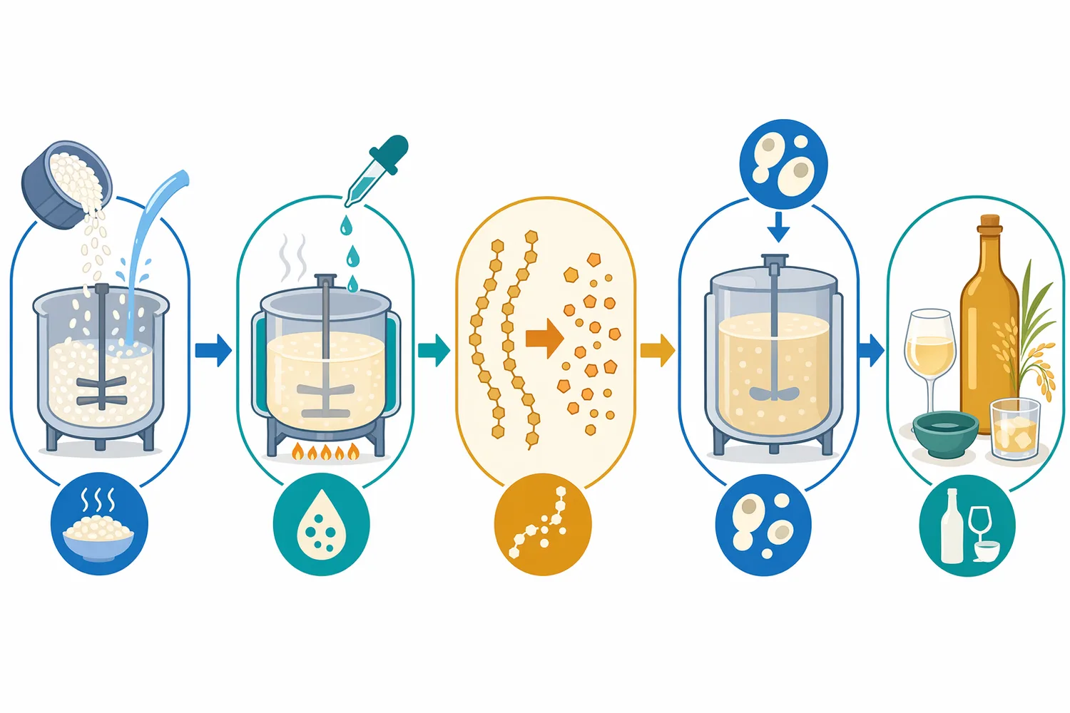 Alpha-amylase acts upstream in rice wine production by liquefying cooked rice starch before saccharification and yeast fermentation.