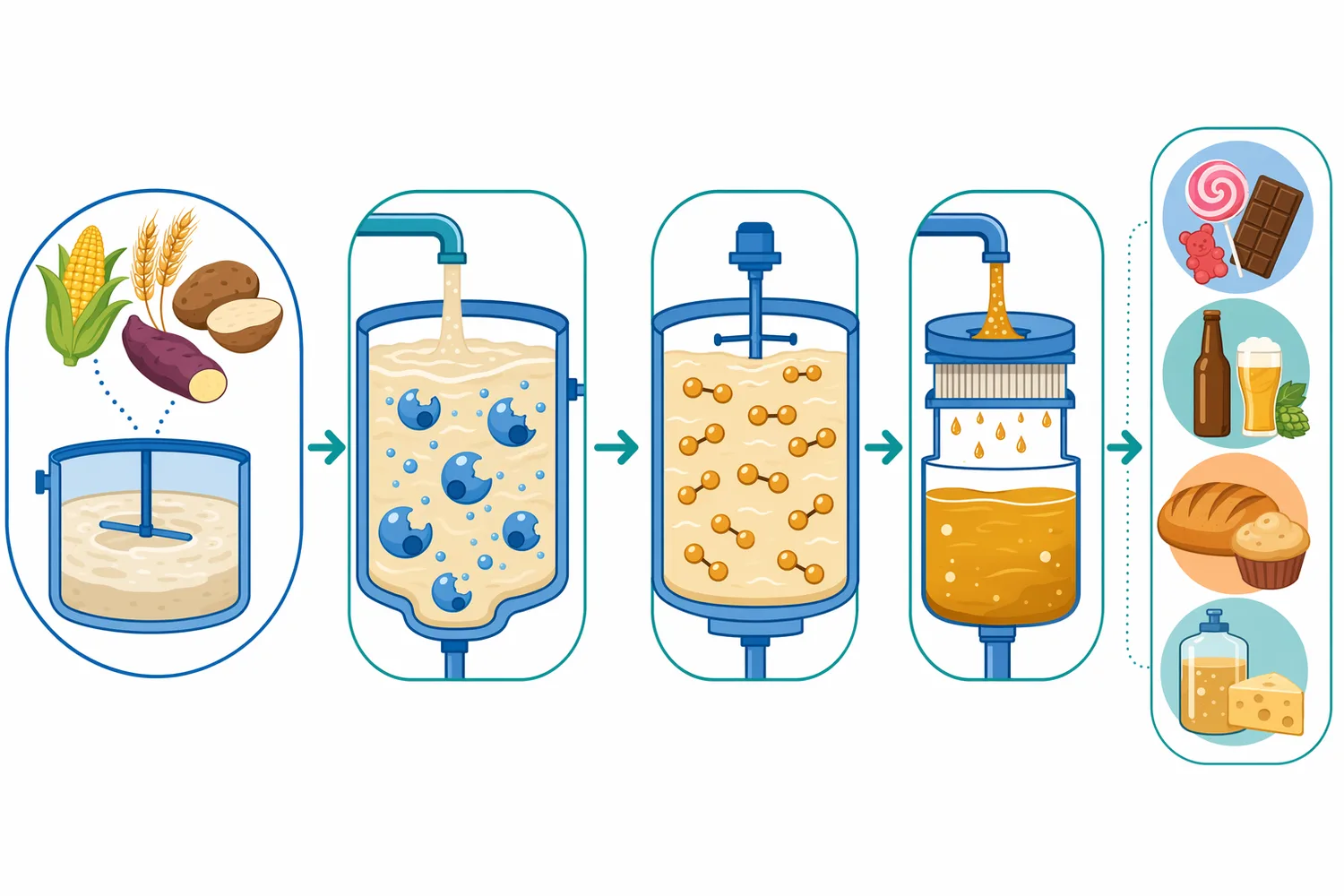 Food-grade β-amylase is used after starch liquefaction to convert dextrins into high-maltose syrup for food and fermentation markets.