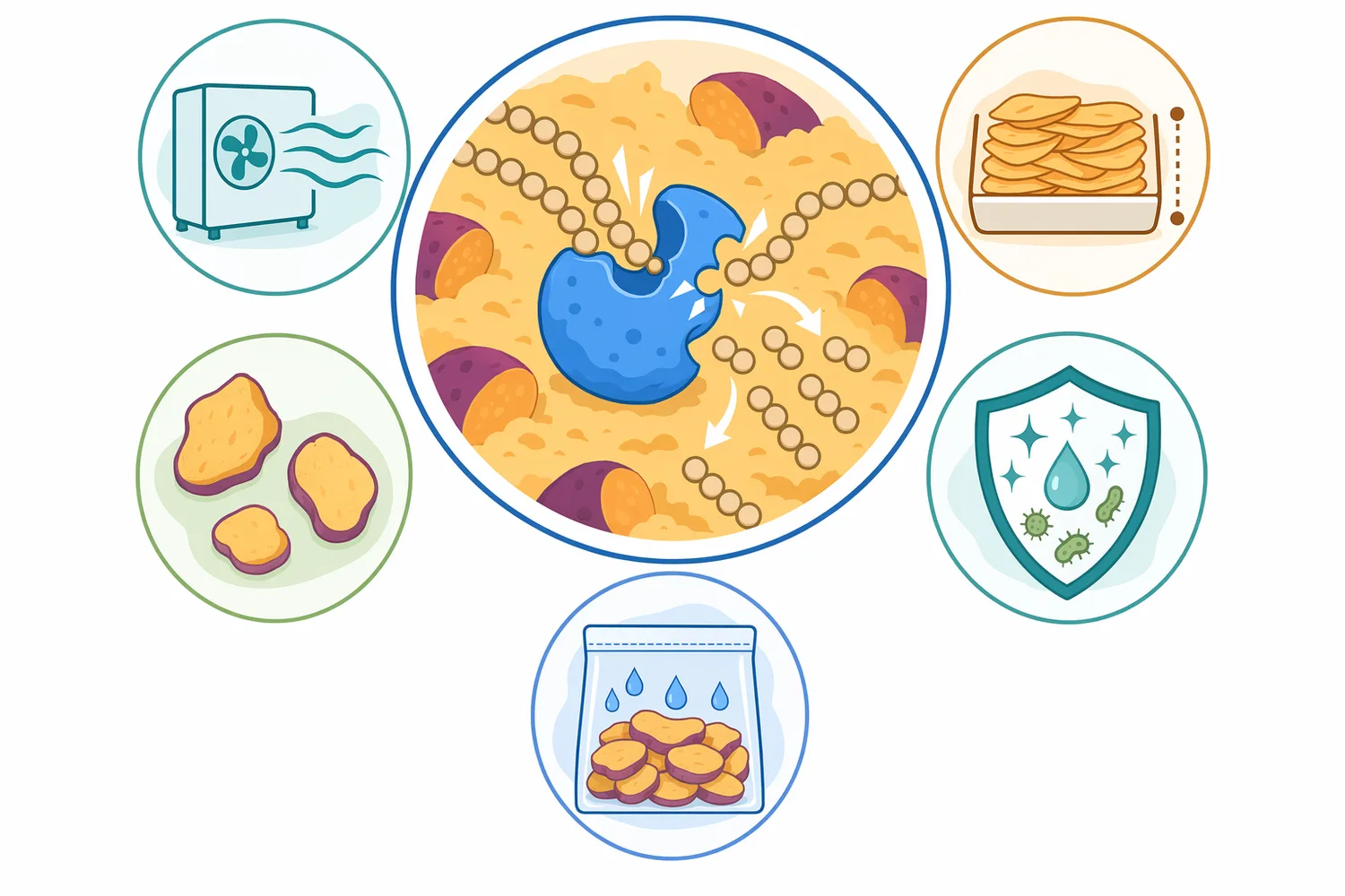 α-Amylase modifies the starch fraction but does not replace dryer design, process control, sanitation, or packaging moisture protection.