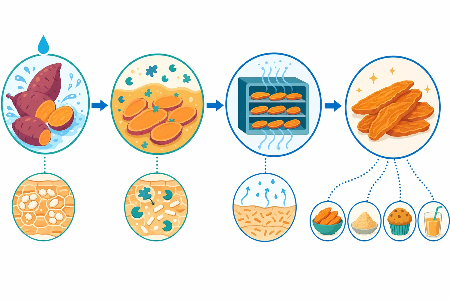 In sweet potato drying, α-amylase acts before dehydration by modifying the hydrated starch matrix so the feed spreads, flows, and dries more consistently.