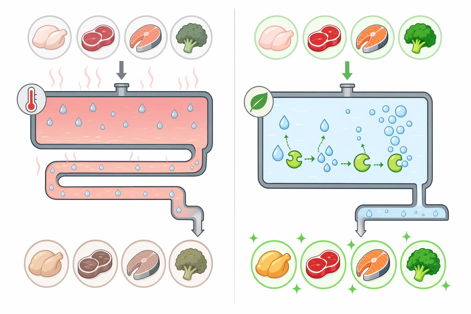 Catalase differs from dilution, chemical reduction, and natural decay because it enzymatically converts peroxide into water and oxygen without a separate hydrogen donor.