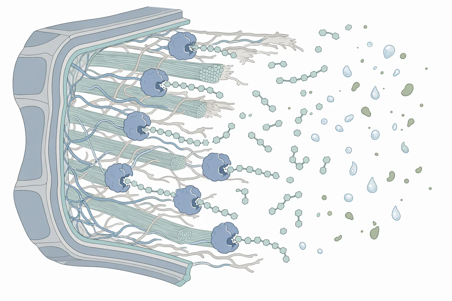 Cellulase binds accessible cellulose, cleaves β-1,4-glucan chains, weakens the wall and allows soluble compounds and carbohydrate fragments to diffuse outward.