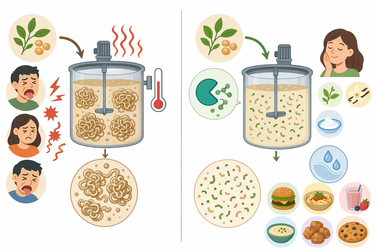 Acid, neutral, and alkaline proteases differ conceptually in processing environment, hydrolysis behavior, and sensory risk.