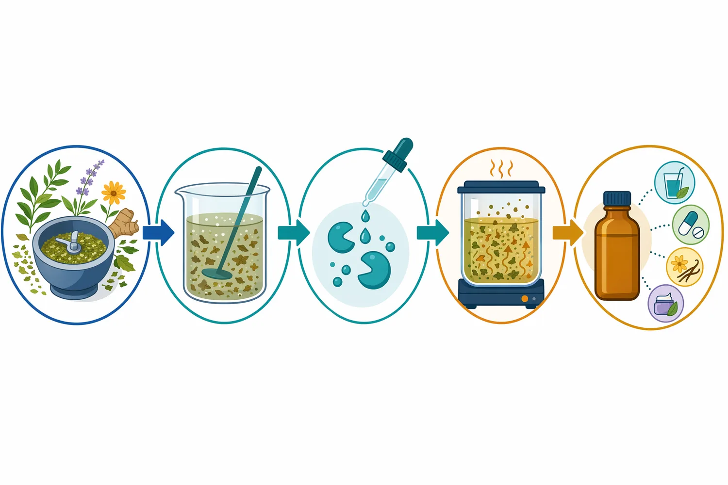 Enzyme-assisted extraction inserts a controlled biocatalytic contact step into a broader sequence of plant preparation, hydration, conversion, and separation.
