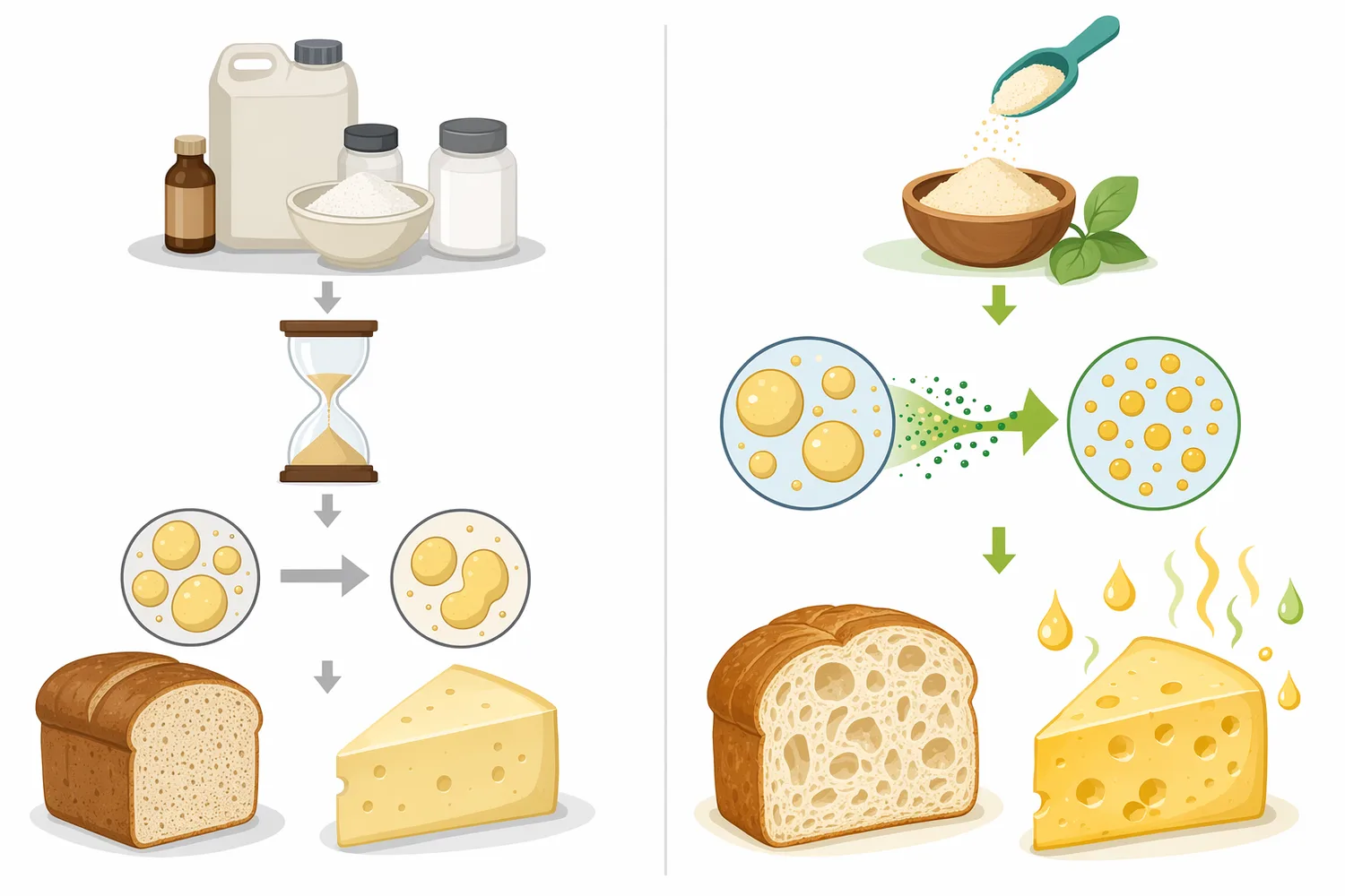 Bread applications use lipase mainly for physical dough and crumb structure, while cheese applications use lipase mainly for fat-derived flavor development.