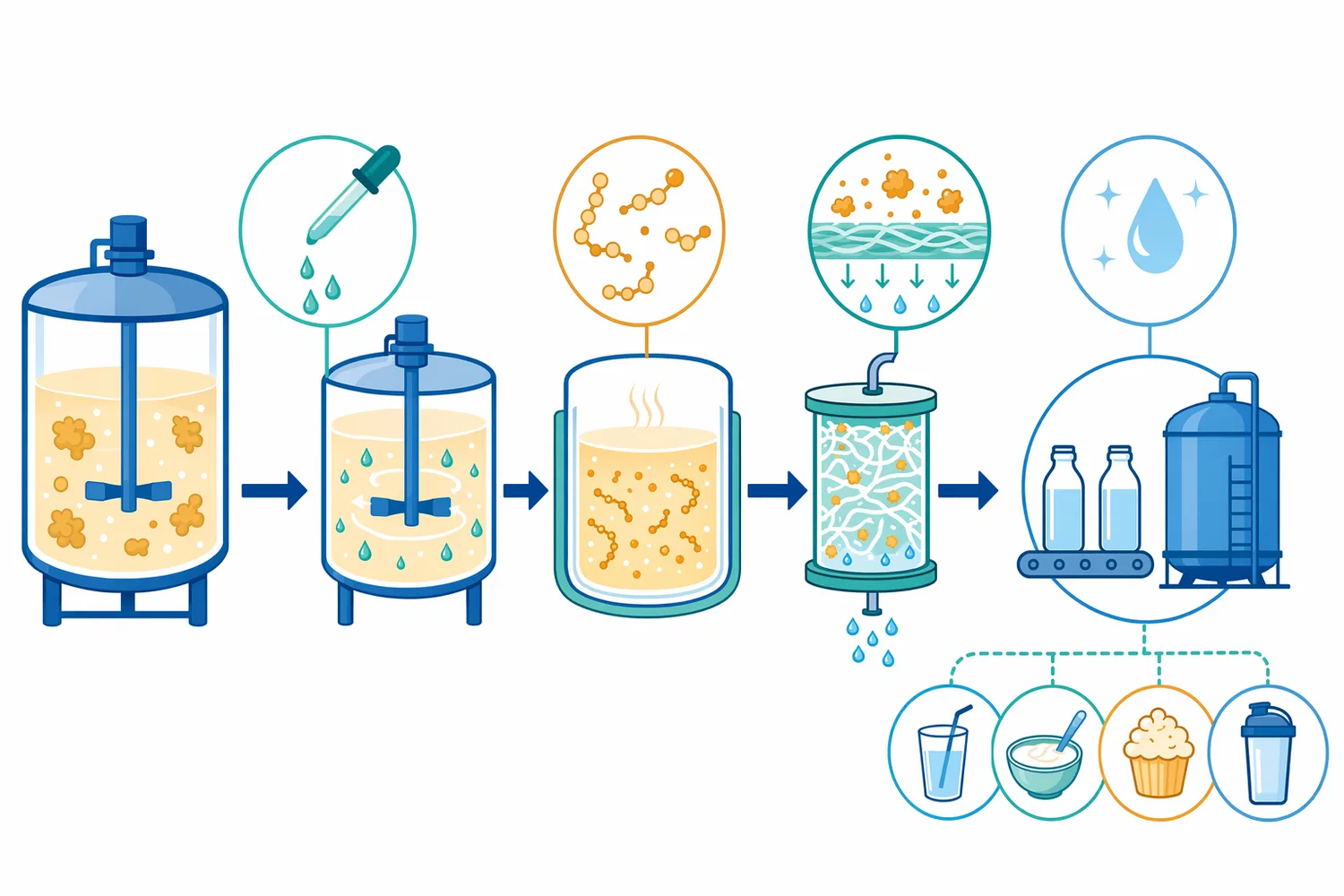 A typical process doses neutral protease before filtration to reduce protein fouling and increase clear filtrate recovery.