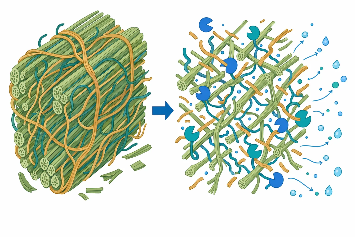 Sugarcane biomass research shows that enzymatic outcomes depend strongly on cell-wall accessibility and prior processing history.