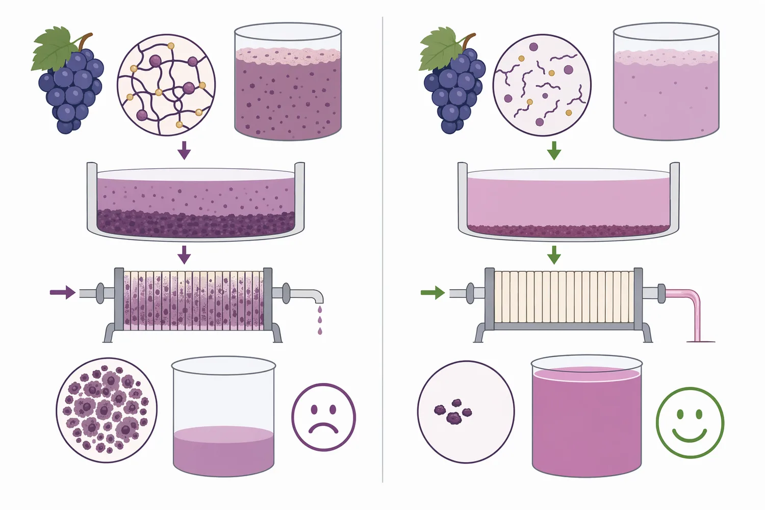 Compared with untreated must or heavy mechanical clarification, pectinase treatment produces clearer juice with faster settling, easier filtration, and better extraction efficiency.