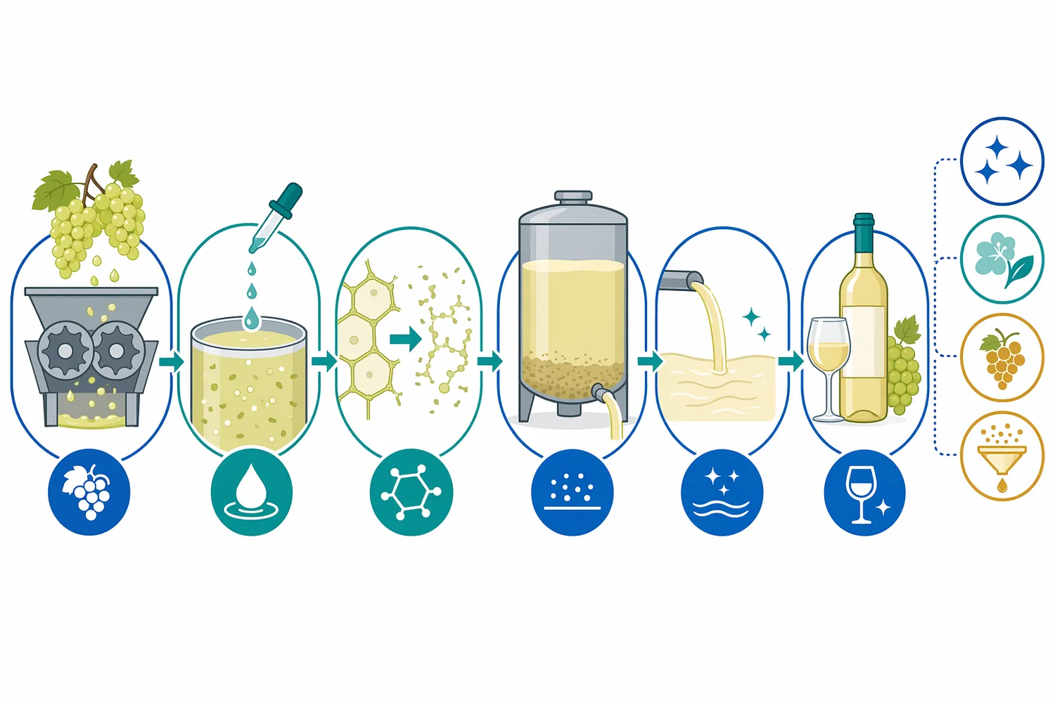 In white wine processing, pectinase is added to must before settling or pressing to accelerate clarification, increase juice yield, and improve filtration.