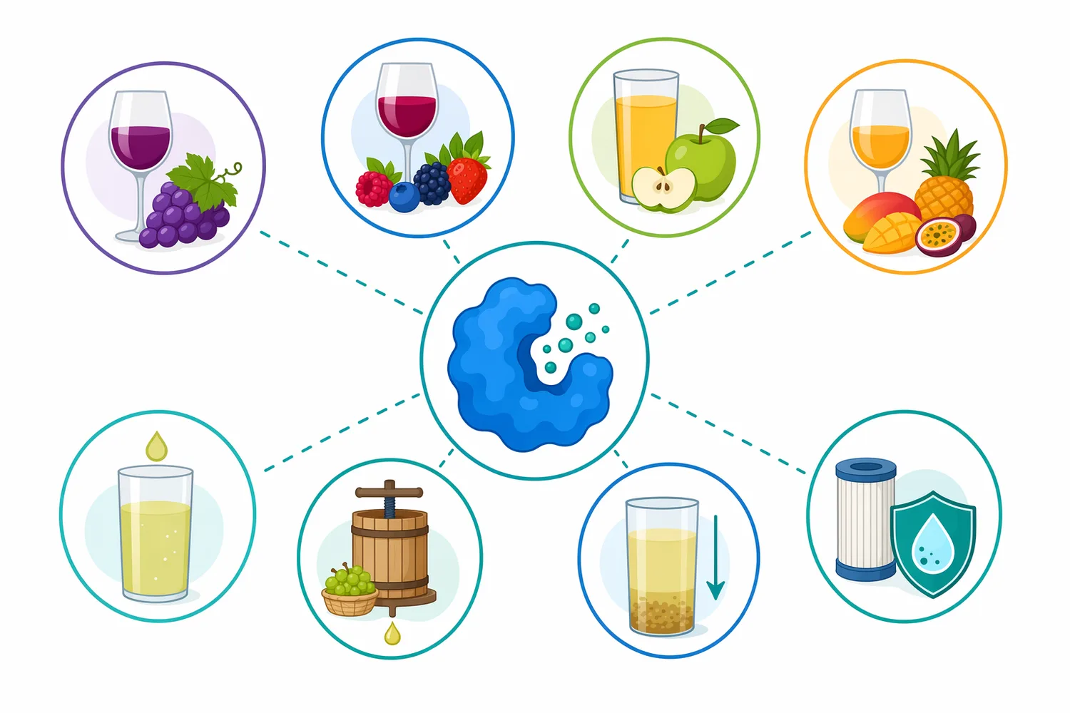 Pectinase applies across grape and non-grape fruit wines, especially high-pulp or high-pectin bases such as banana, pomelo, apple, berries, and tropical fruits.