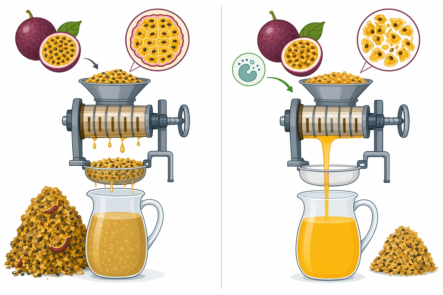 Using pectinase pre-treatment changes pressing, viscosity, clarification, fermentation handling, and extractability by weakening pectin-rich fruit structures.
