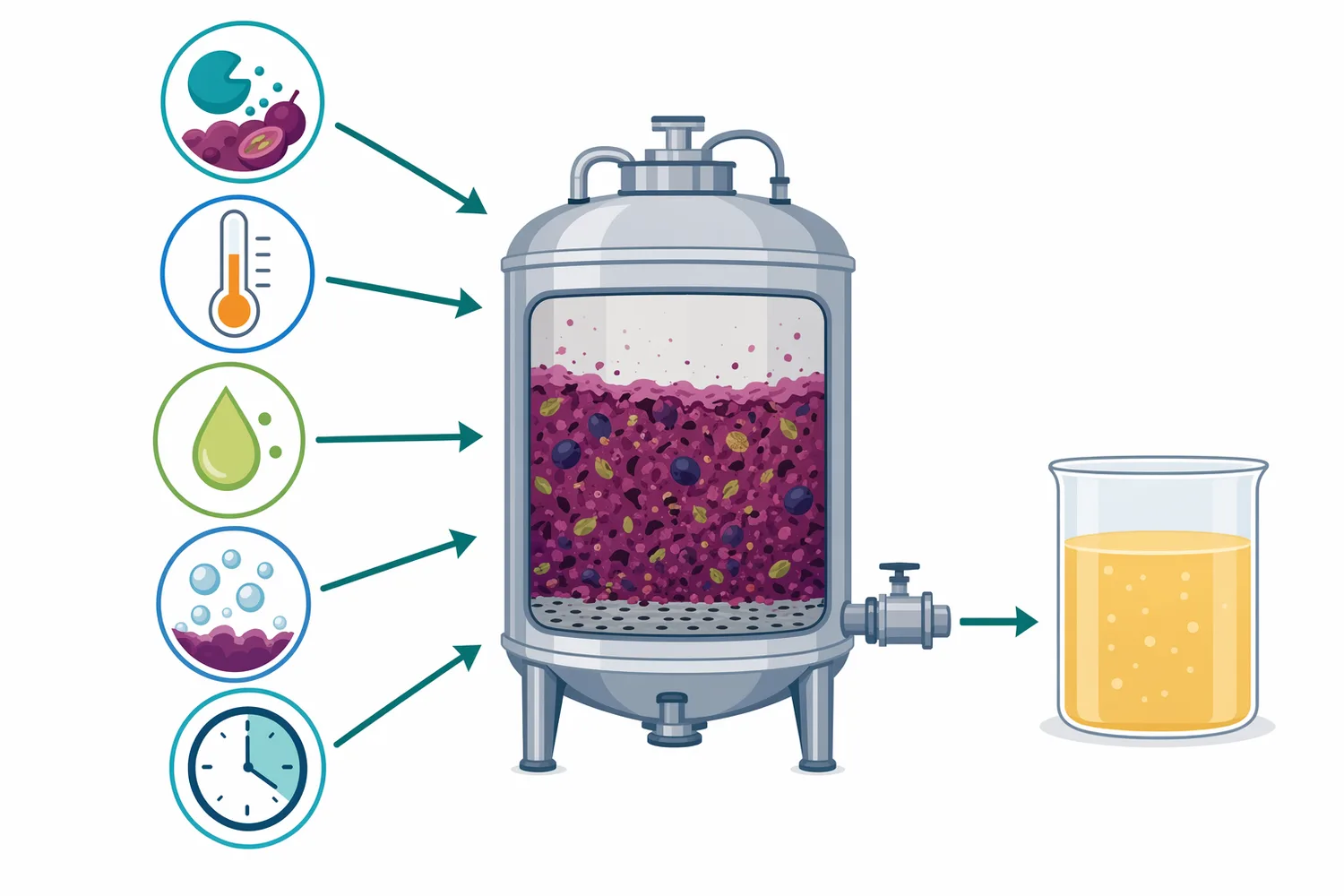 Pectinase performance depends on contact with accessible pectin, processing order, temperature, acidity, alcohol environment, and reaction time.