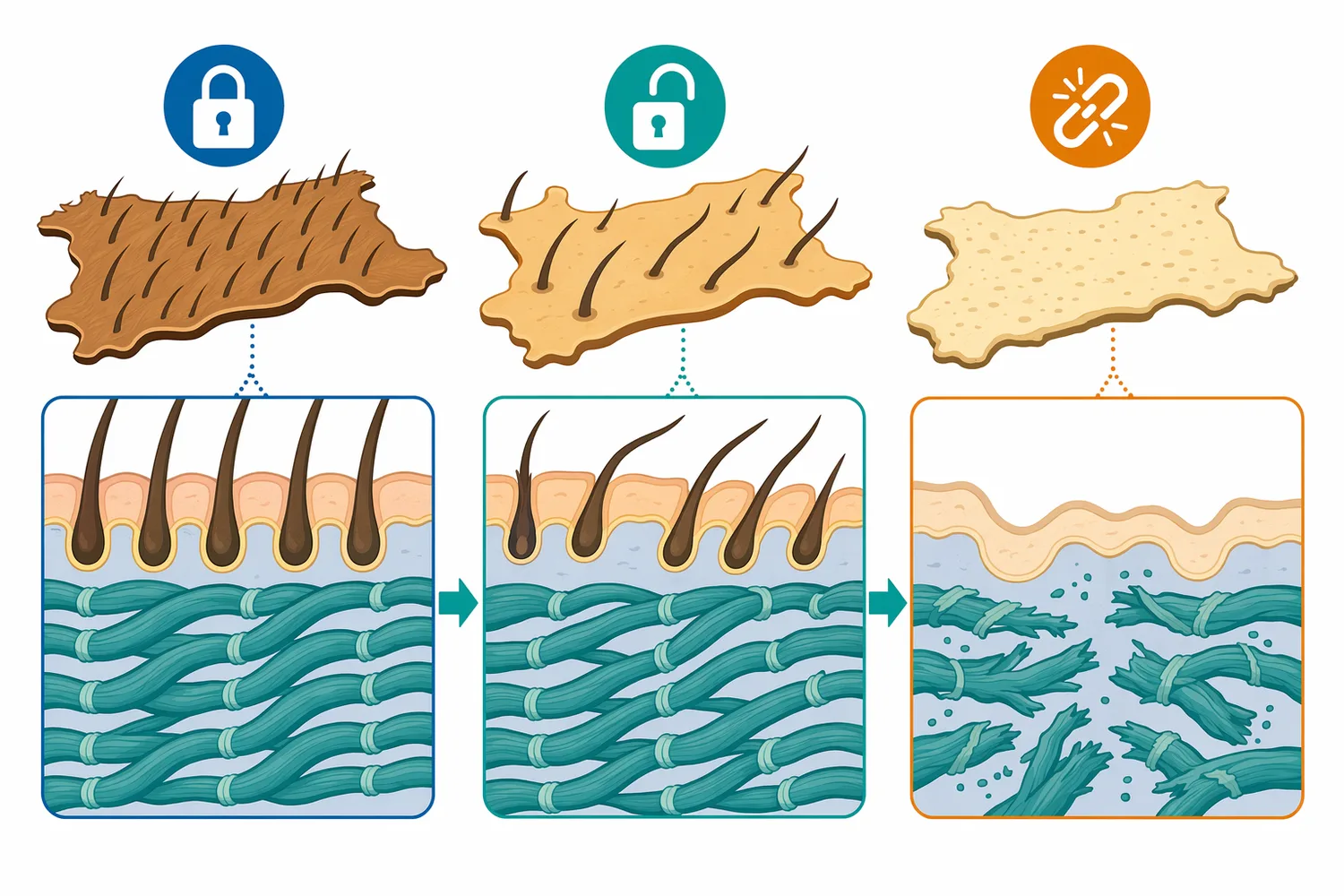 The technical goal is controlled proteolysis that releases hair and cleans the matrix without excessive collagen degradation.