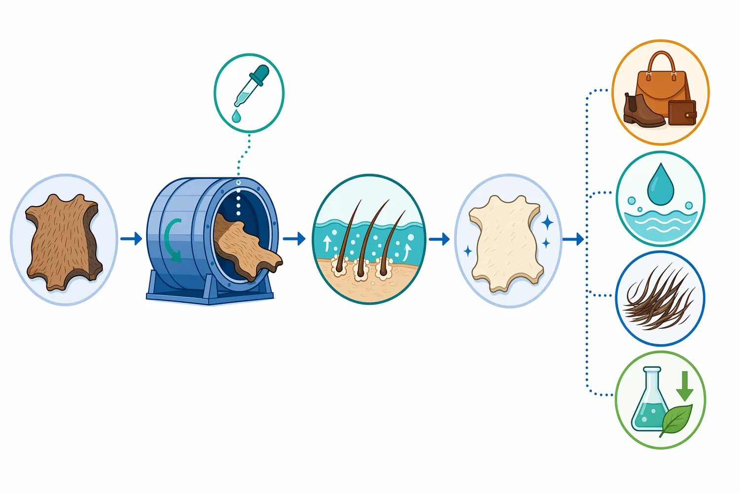 During enzymatic dehairing, accessible proteins are hydrolyzed, anchoring strength decreases, mechanical action releases hair, and the pelt becomes cleaner.