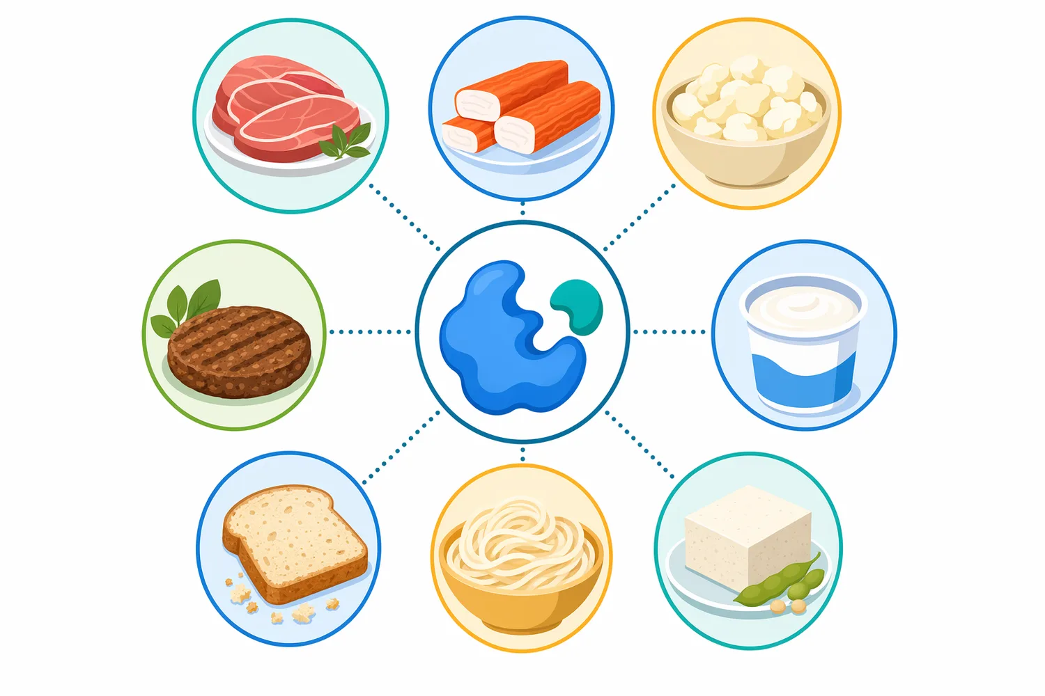 Major food applications include meat restructuring, surimi gel reinforcement, dairy gel control, plant-protein cohesion, wheat dough adjustment, emulsions, and edible films.