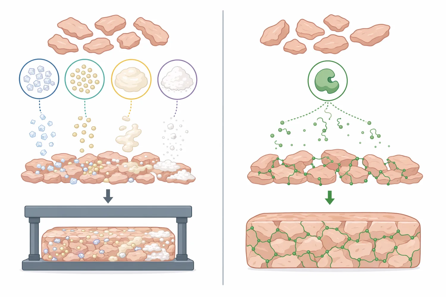 Transglutaminase differs from heat, hydrocolloids, starches, and proteases because it builds structure by covalently connecting the food’s own proteins.