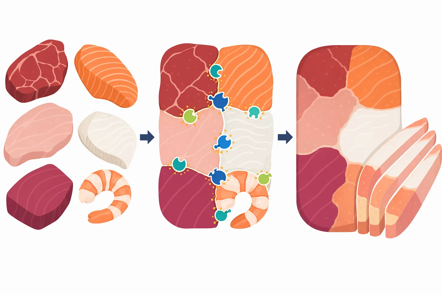 In meat, poultry, seafood, and surimi systems, cross-links between exposed muscle proteins improve cohesion, sliceability, and gel resilience.