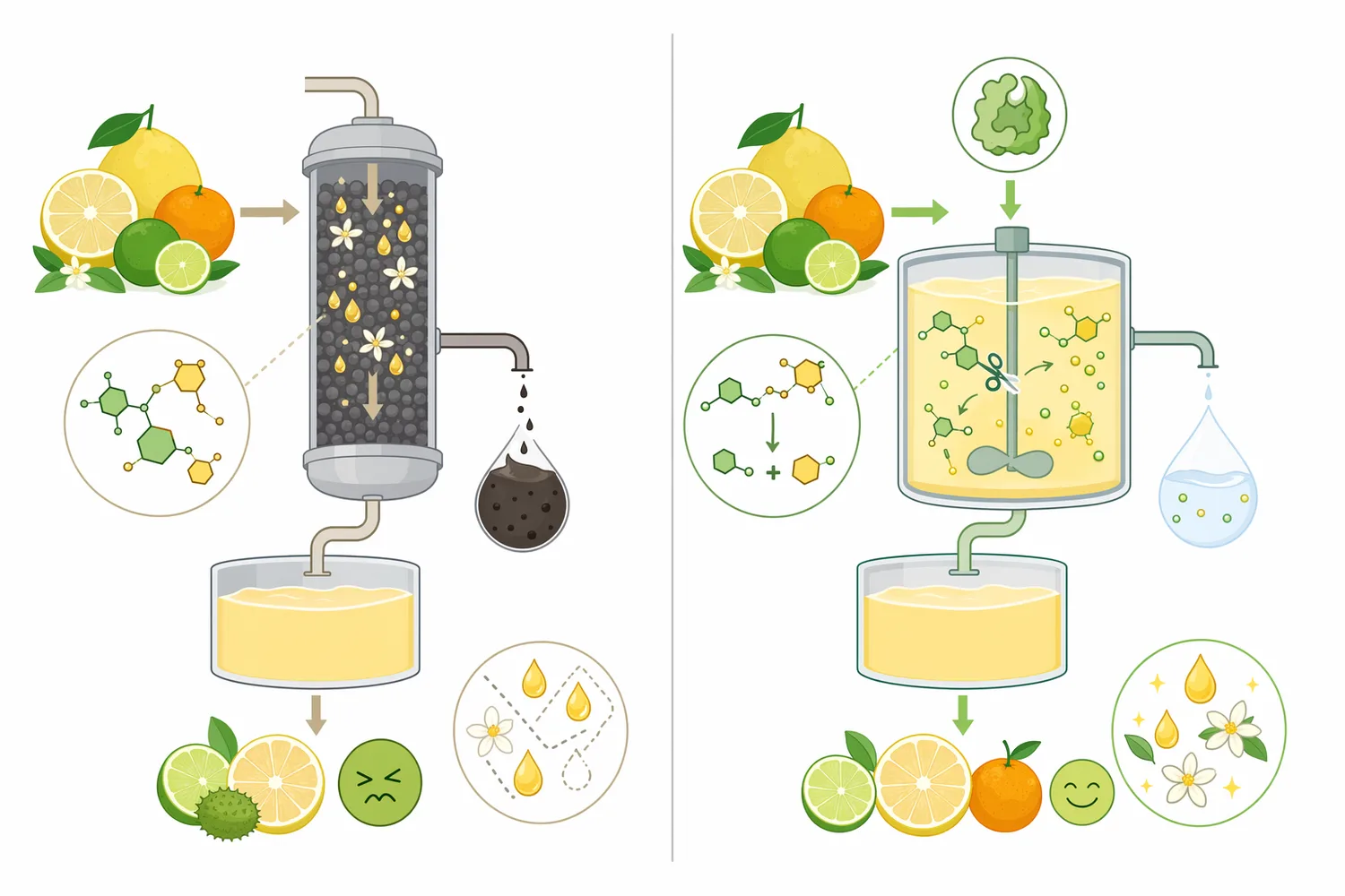 Rhamnosidase is bond-specific, while naringinase cascades and non-enzymatic debittering methods change the citrus matrix by different mechanisms.