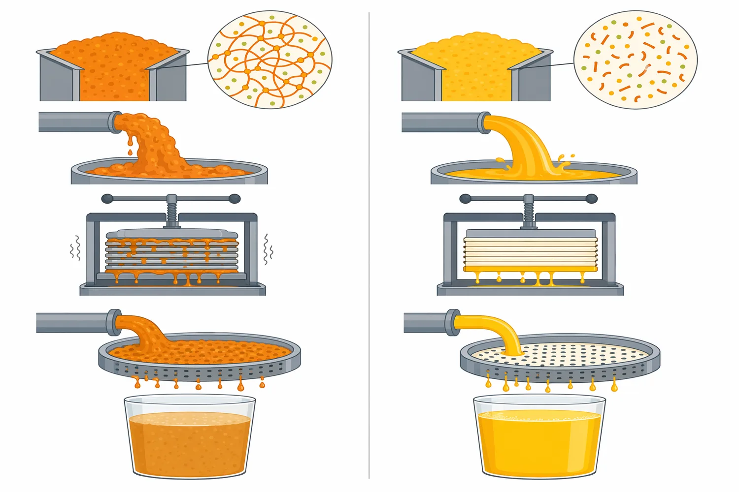 Cloudy orange juice and clarified citrus bases require different pectin management because cloud stability may be desirable in one product and reduced in the other.