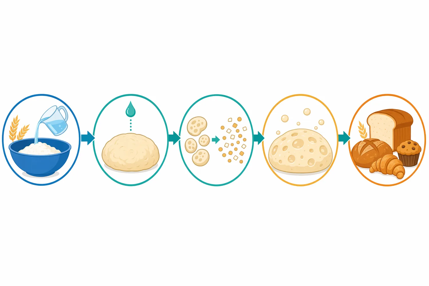In baking, fungal alpha amylase is dosed into flour or dough to improve fermentation, oven spring, loaf volume, crust color, and softness.