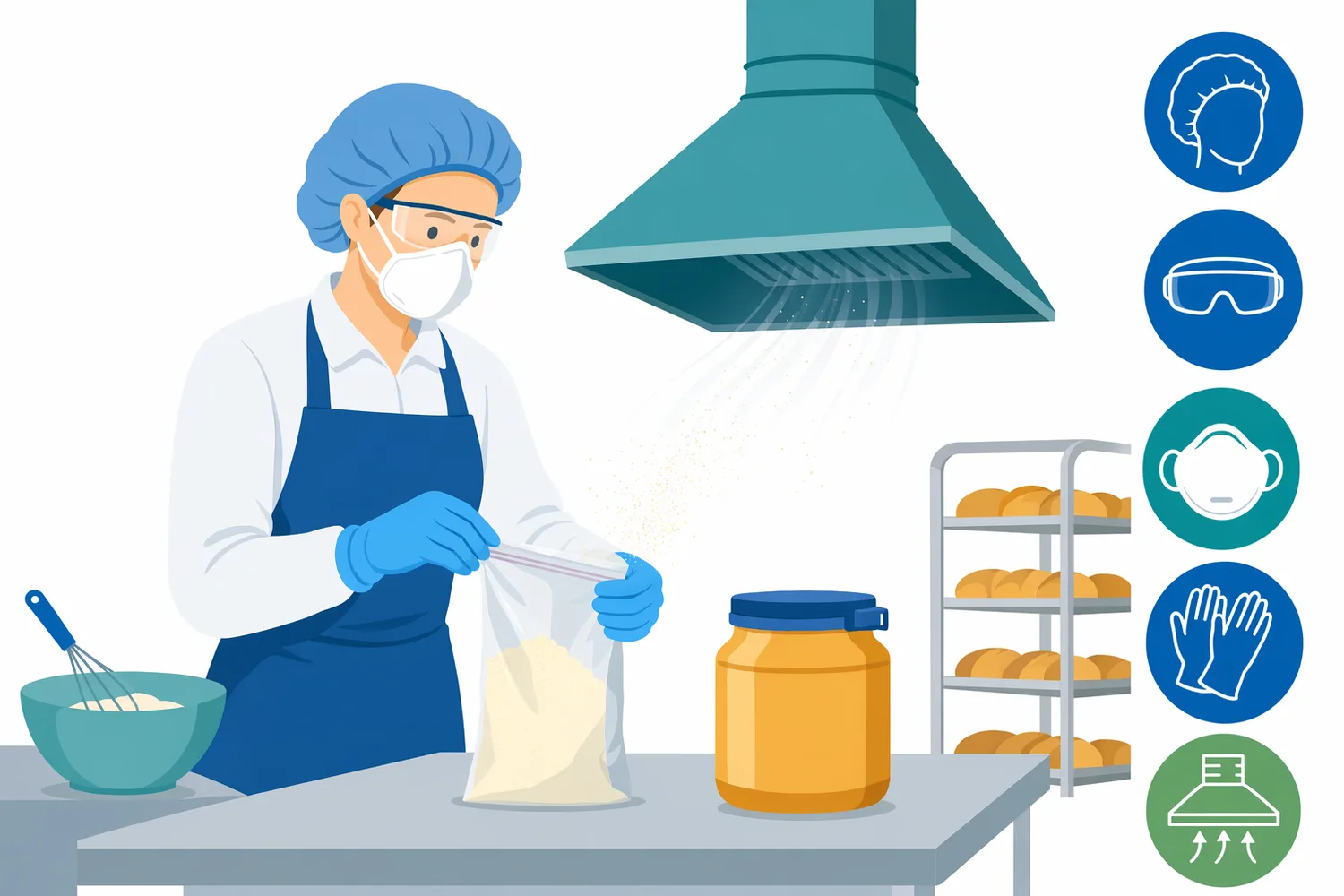 Powdered enzyme preparations require dust-minimising handling because enzyme proteins can be respiratory sensitizers.
