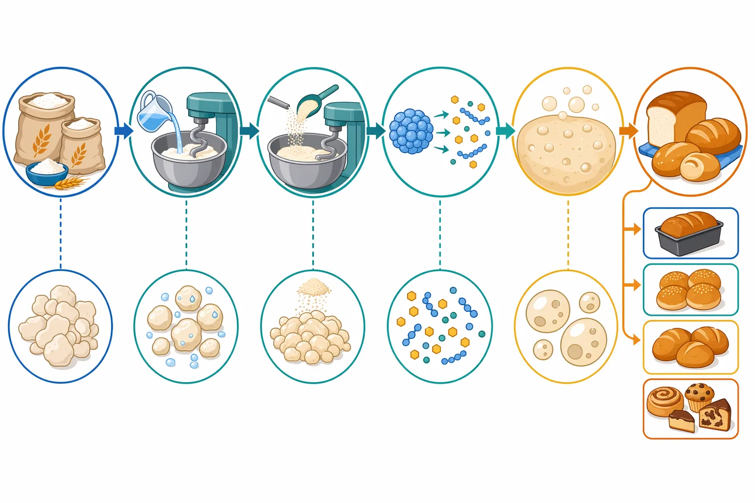 The enzyme acts during mixing, fermentation, proofing and early baking before heat inactivation leaves dextrins and sugars in the bread system.