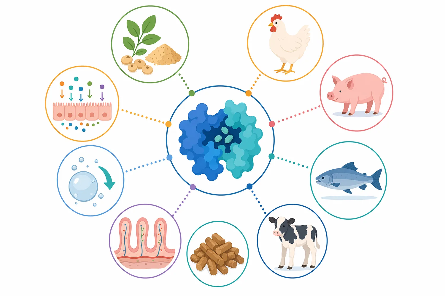 The main application areas discussed are poultry, swine and plant-containing aquafeeds that use soybean meal, legumes or other vegetable protein sources.