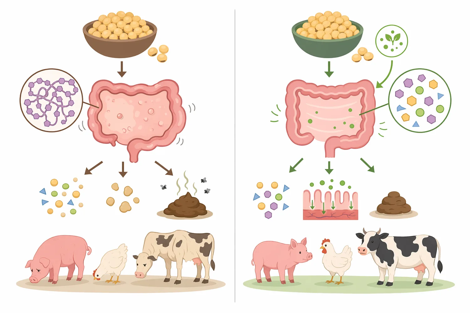 Feed enzymes differ by substrate, so α-galactosidase should be distinguished from xylanase, β-glucanase, cellulase, protease and phytase.