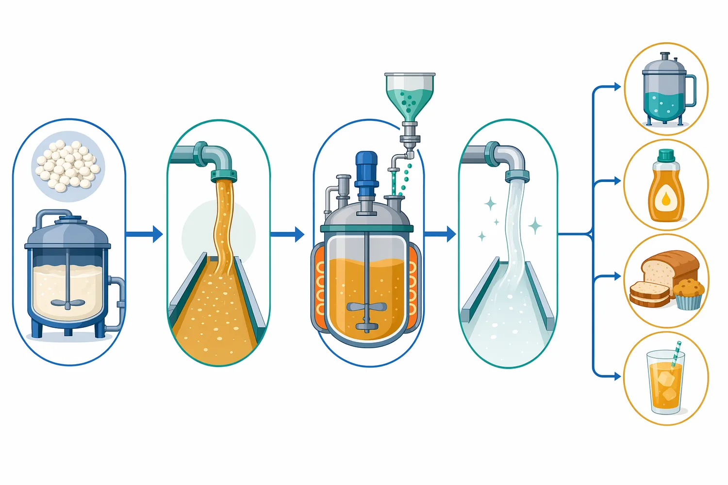 Conventional starch conversion uses cooking or liquefaction to make dextrins accessible before glucoamylase converts chain ends into glucose for fermentation or syrup production.