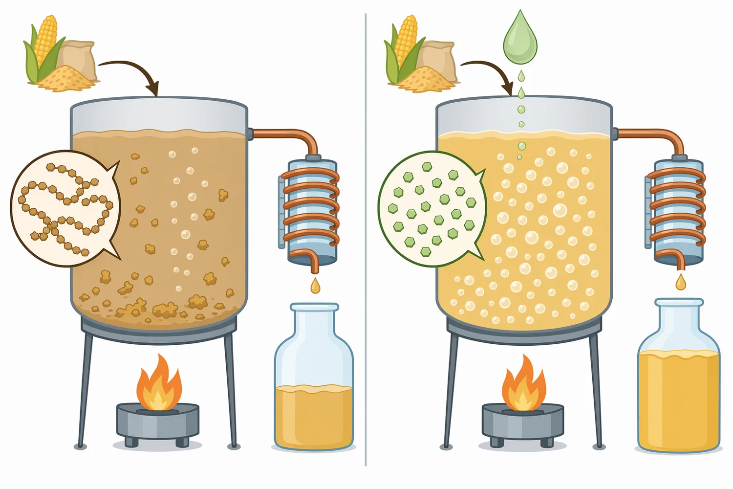 Compared with relying on malt enzymes alone, added glucoamylase increases glucose release, attenuation, and final fermentable yield from starch-rich mash.