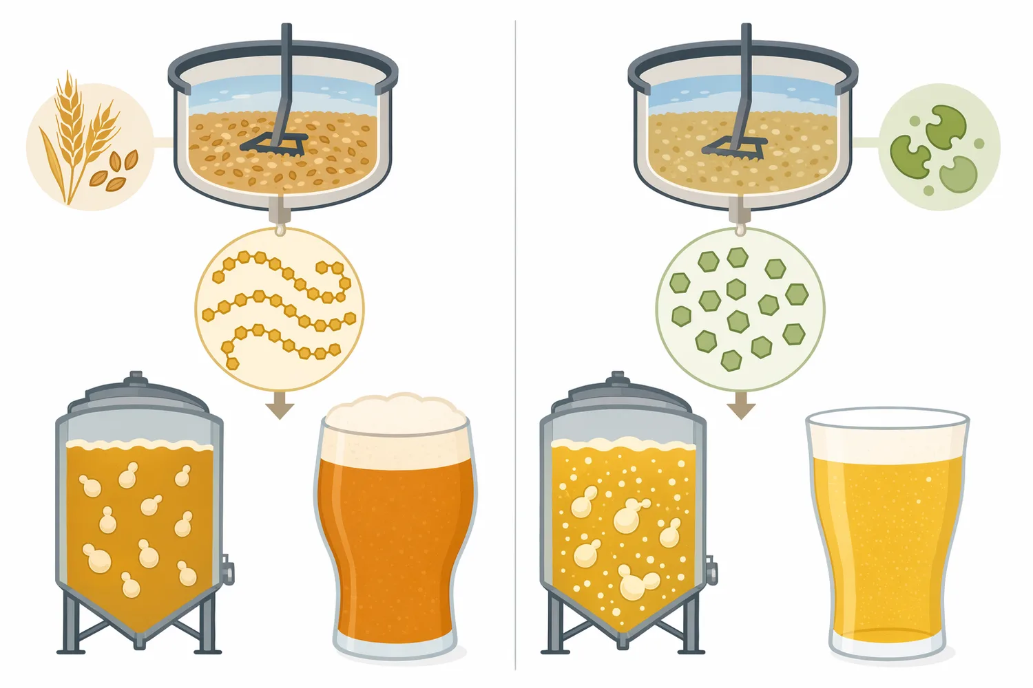 Brewing enzymes differ by substrate and function, with glucoamylase specifically extending saccharification toward glucose rather than solving viscosity, protein, or filtration problems.