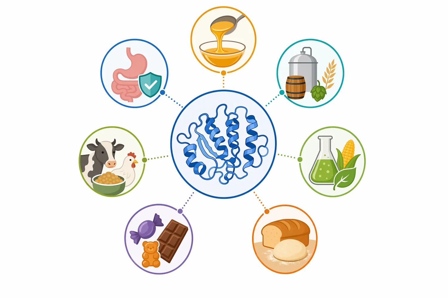 Glucoamylase is used across distilling, brewing, bioethanol, food processing, baking, feed, paper, and residue valorization wherever starch-derived carbohydrates need further hydrolysis.