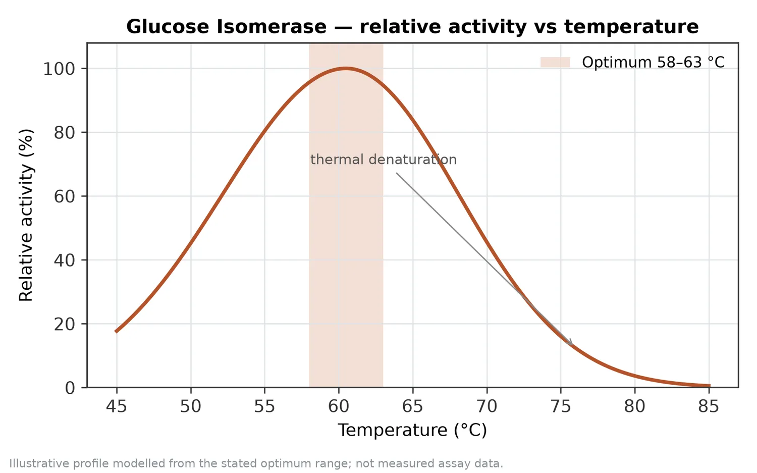 Relative activity of Glucose Isomerase as a function of temperature, with the optimum at 58–63 °C and a characteristic thermal-denaturation fall-off above the optimum.