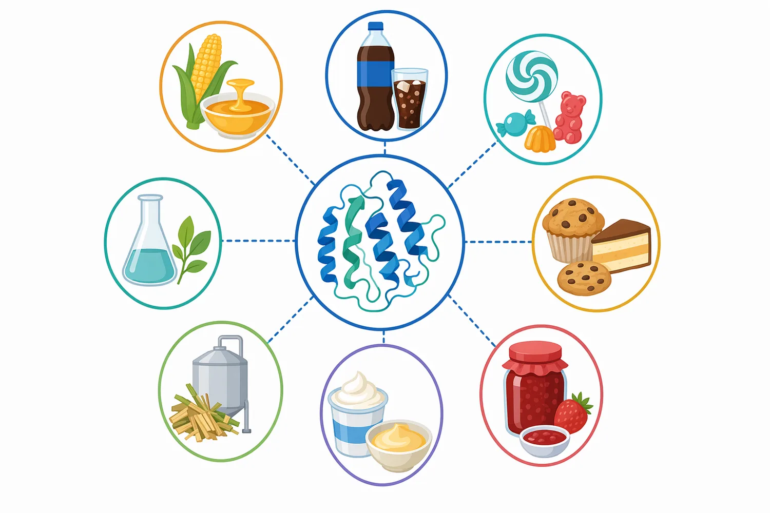 The main commercial use of glucose isomerase is fructose syrup production, with additional relevance in sweet foods, beverages and carbohydrate bioprocessing.