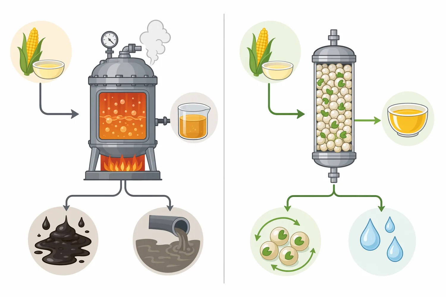 Compared with non-enzymatic sugar isomerization, glucose isomerase enables selective fructose production under milder conditions with fewer degradation byproducts.