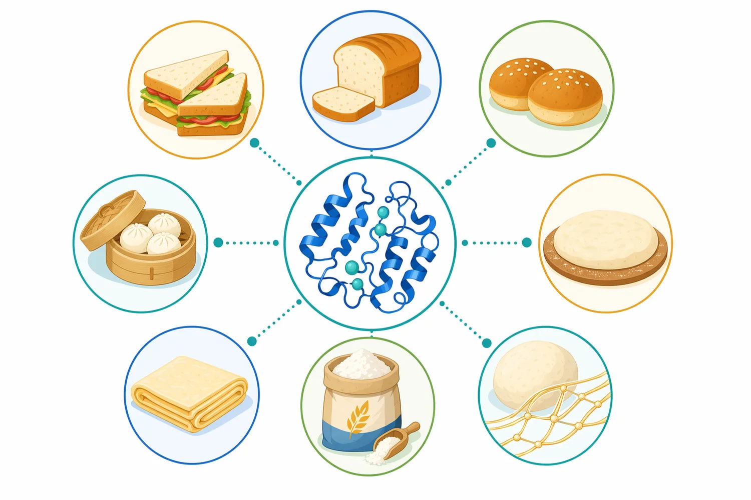 Research and use cases support glucose oxidase in wheat bread, steamed bread, whole wheat doughs, frozen dough systems, and selected gluten-free formulations.
